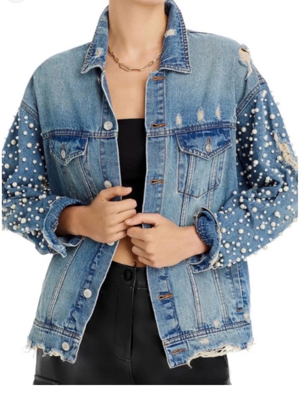 SUNSET + SPRING Pearl-Embellished Denim Jacket